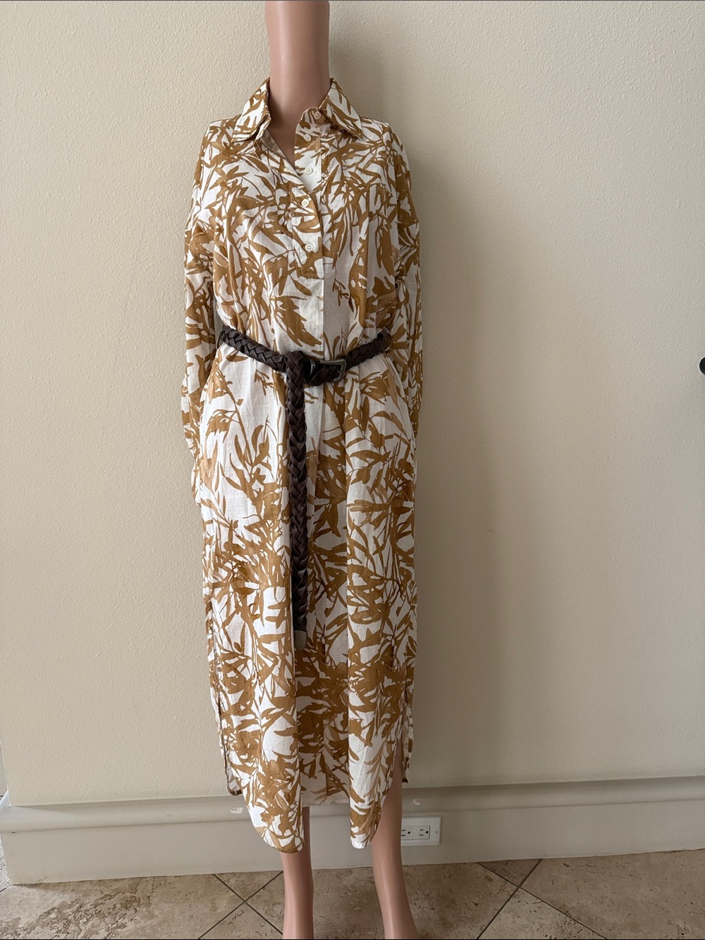 White & Camel Leaf Print Button-Front Maxi Shirt Dress